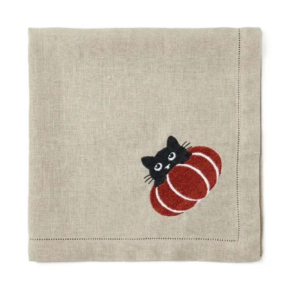 Peek-a-Boo Cat Embroidered Napkin - FLAX.webp