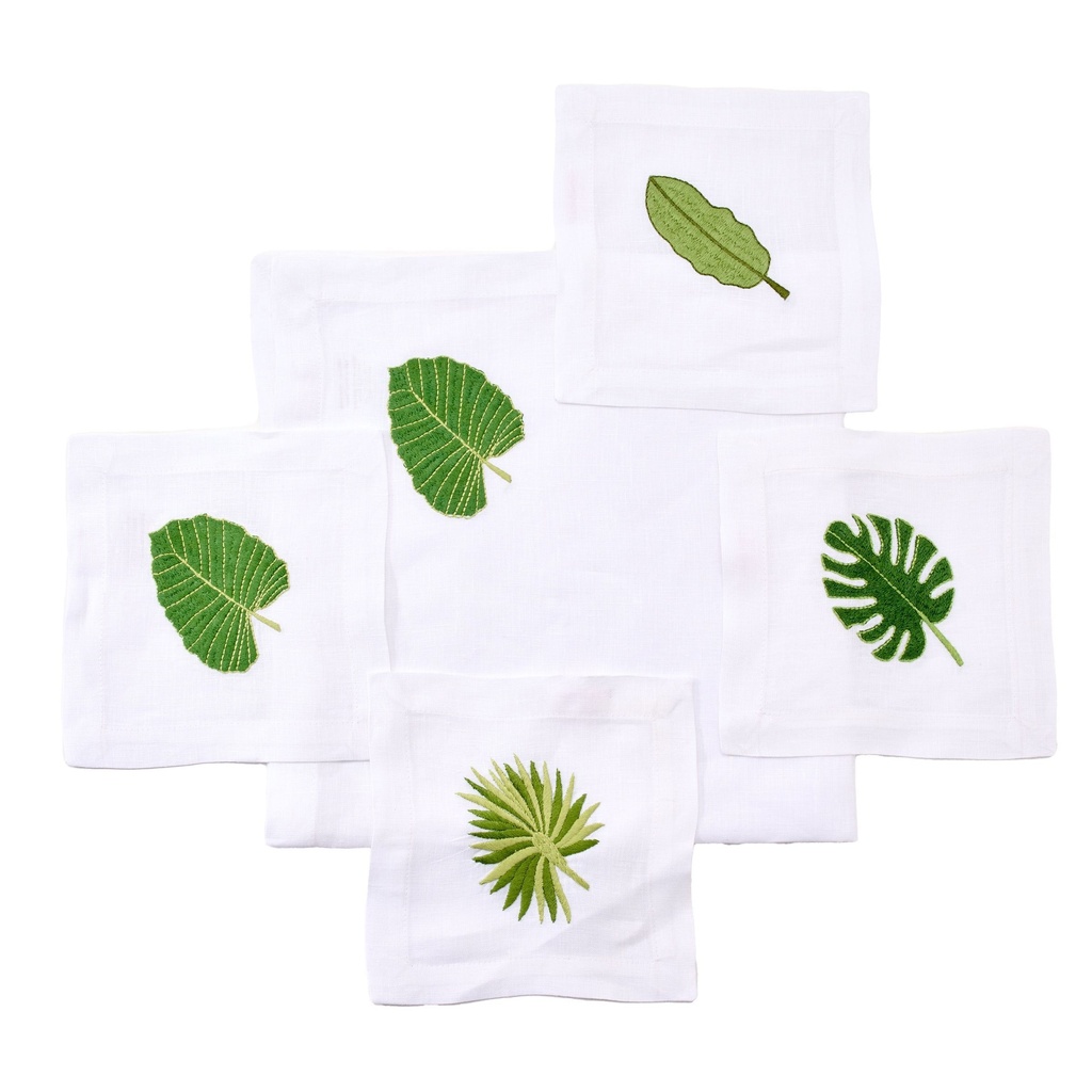 White Palm Leaves Embroidered Cocktail Napkin (Set of 4)
