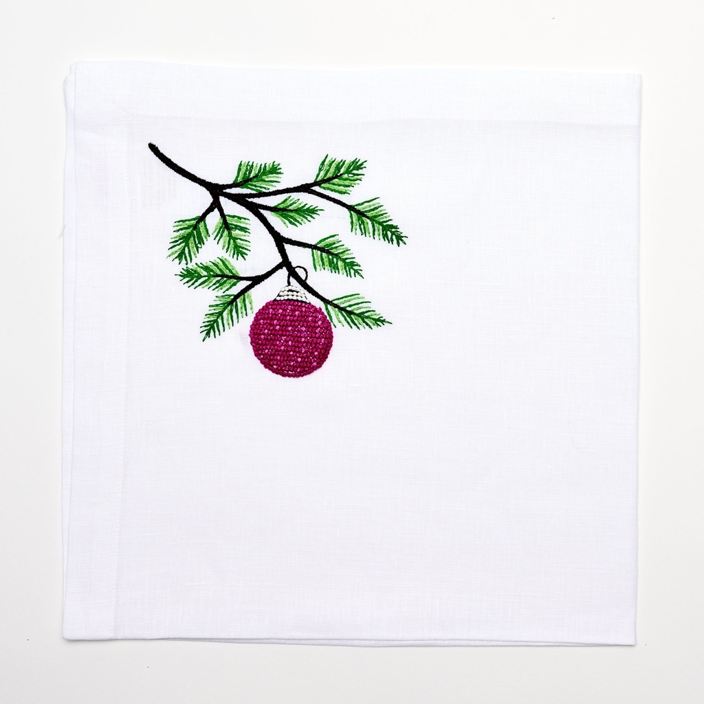 White Holiday Ornament Embroidered Napkin