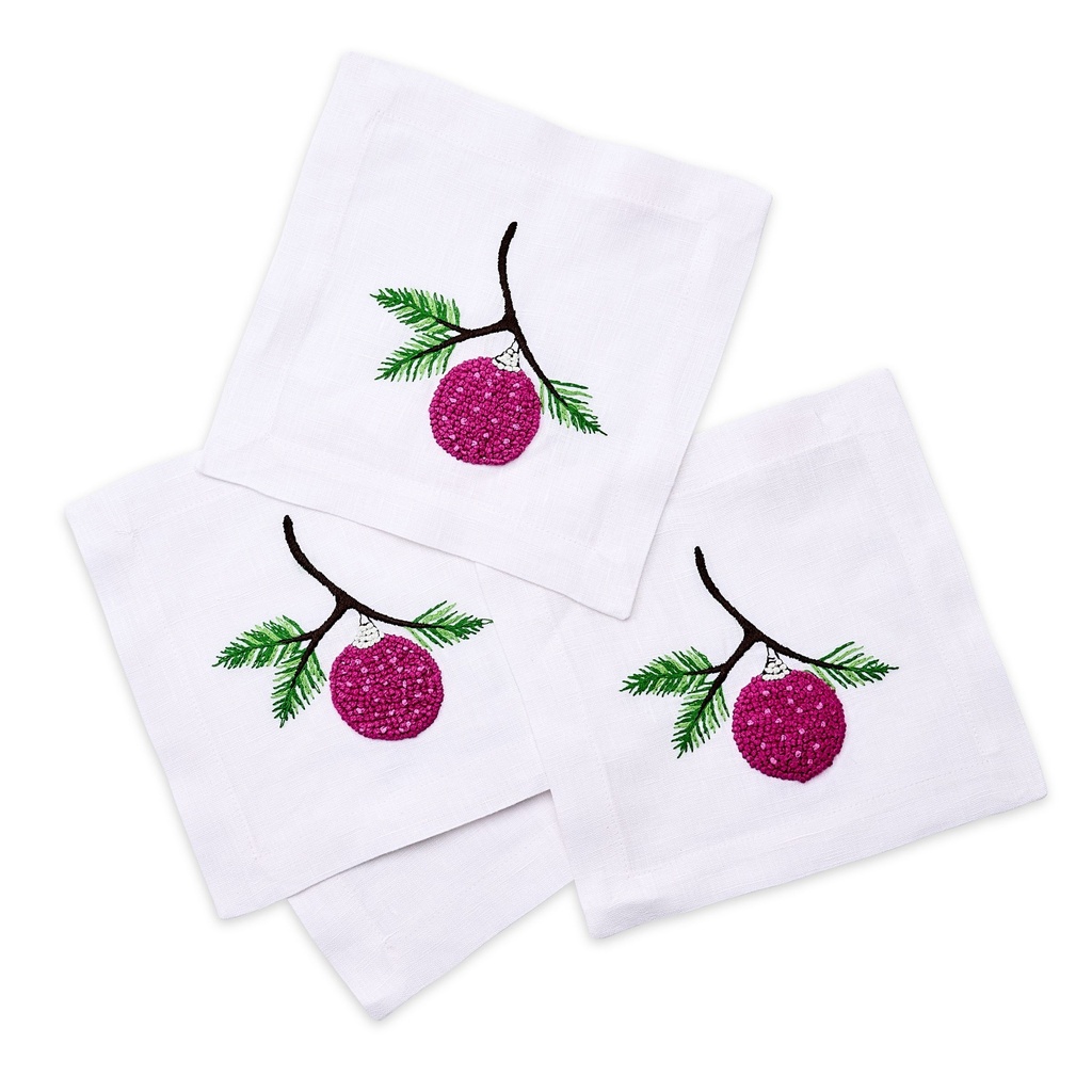 White Holiday Ornament Embroidered Cocktail Napkin (Set of 4)