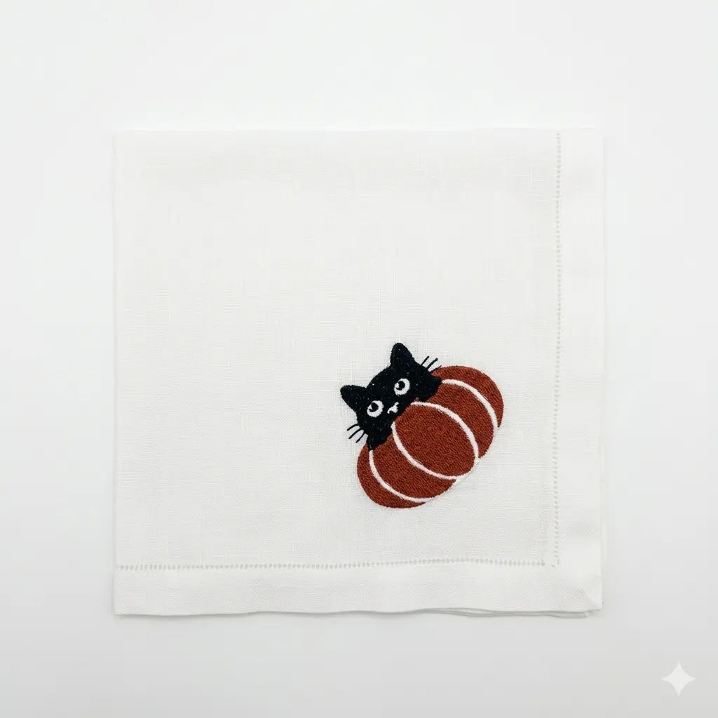 White Peek-a-Boo Cat Embroidered Napkin