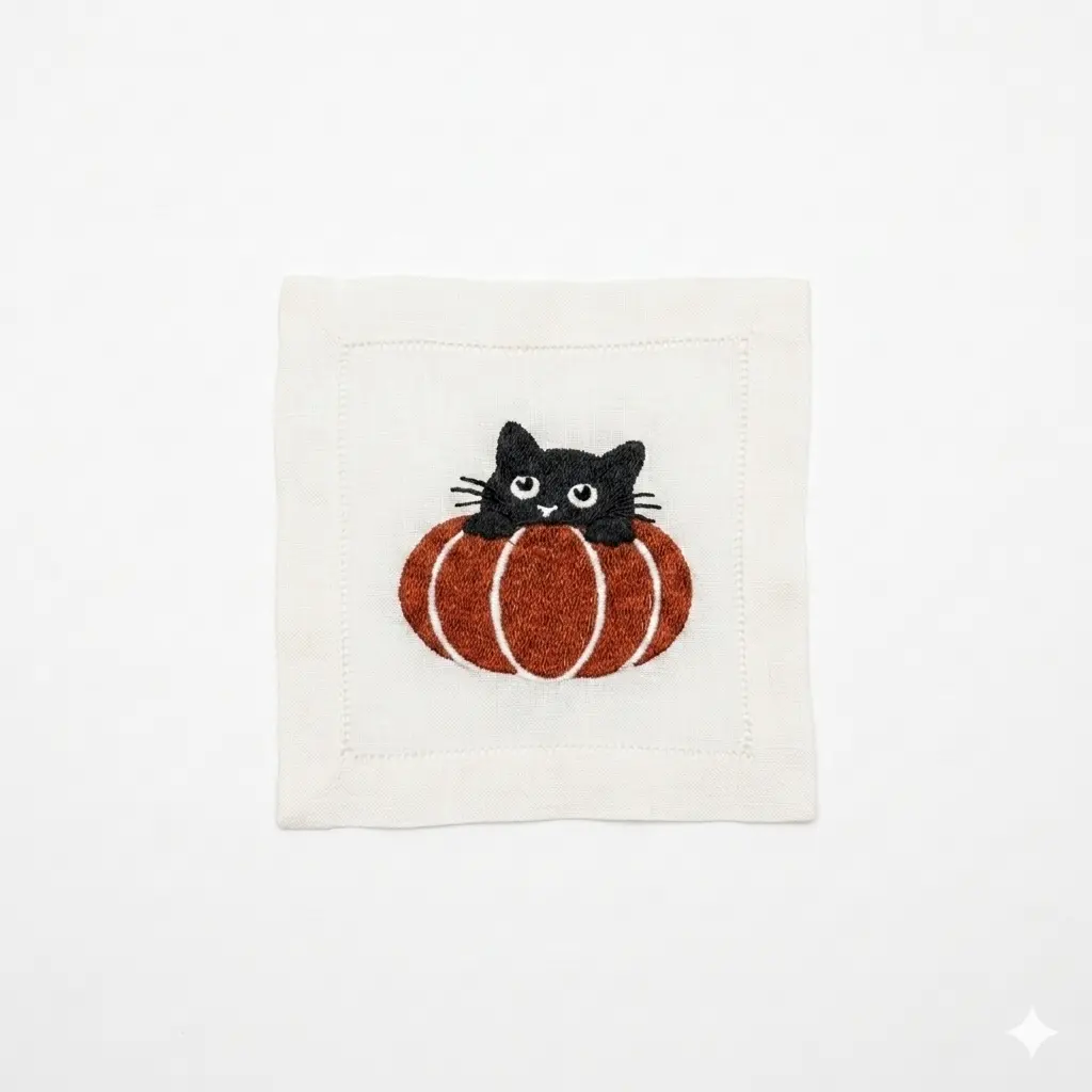 White Peek-a-Boo Cat Embroidered Cocktail Napkin (Set of 4)