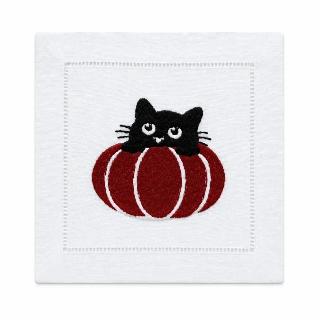 White Peek-a-Boo Cat Embroidered Cocktail Napkin (Set of 4)
