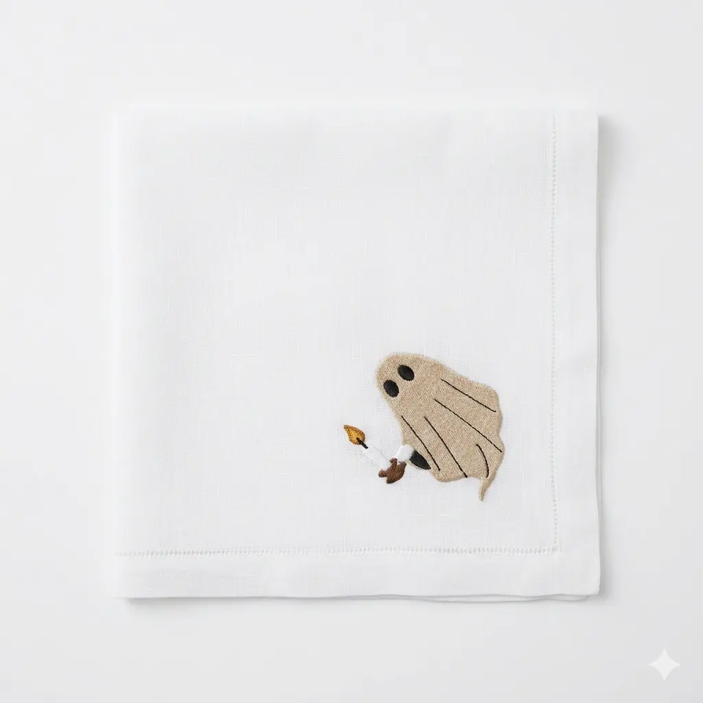 White Ghost Vignette Embroidered Napkin