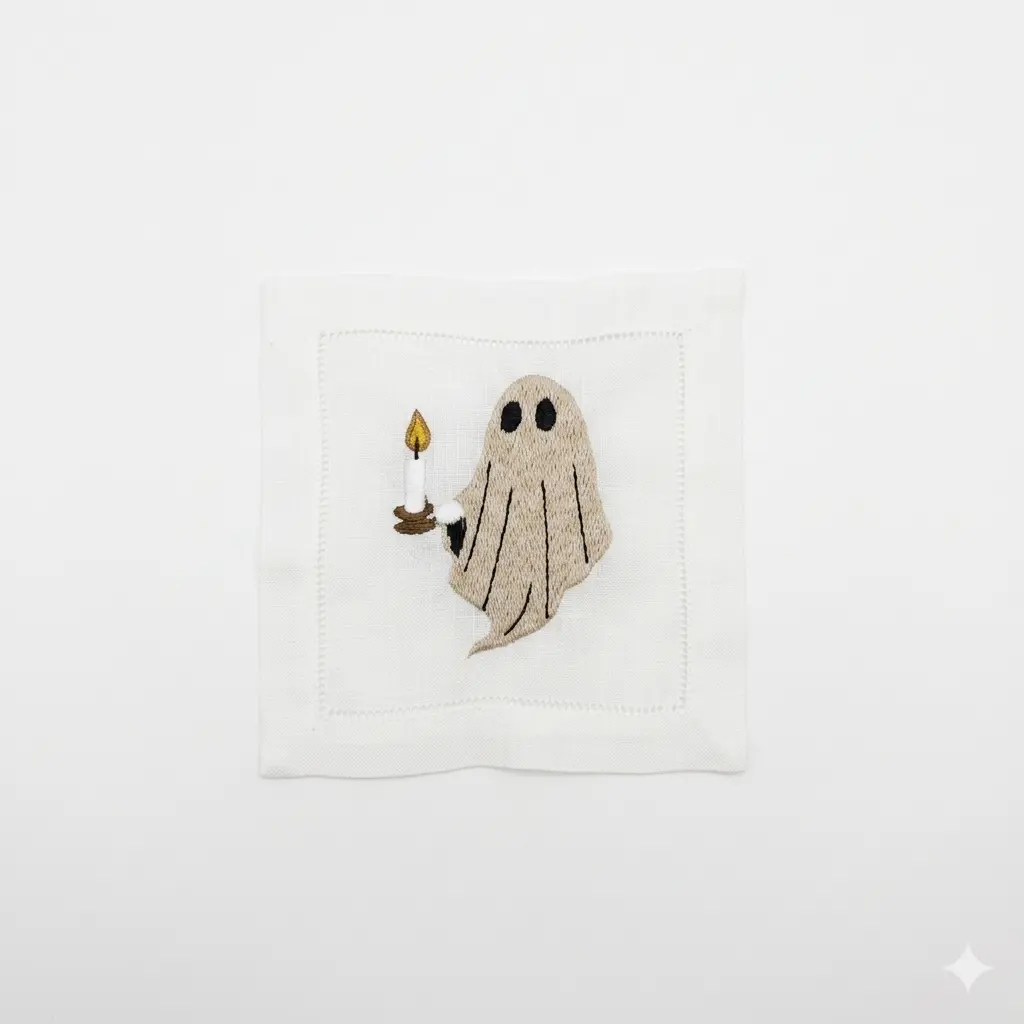 White Ghost Vignette Embroidered Cocktail Napkin (Set of 4)