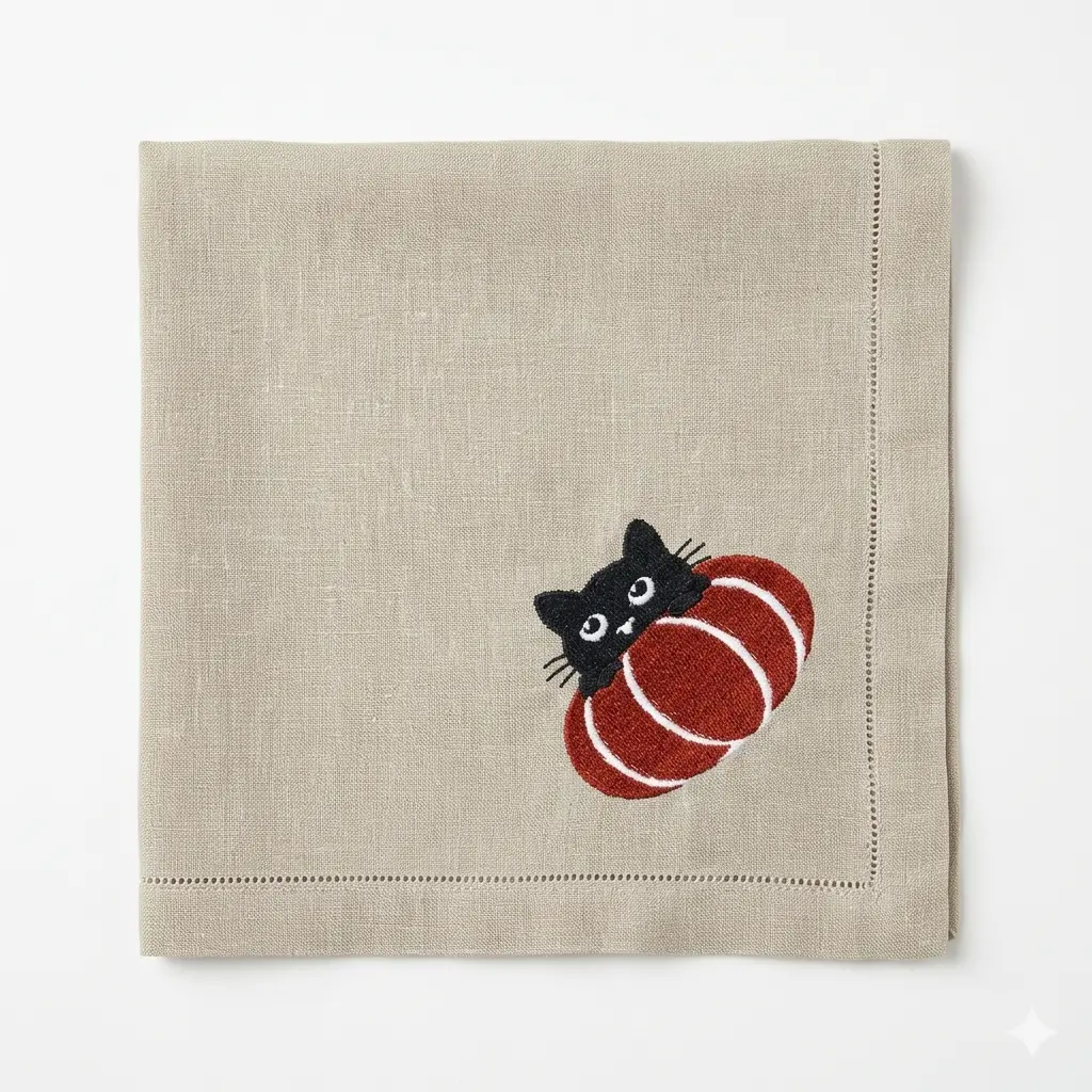 Flax Peek-a-Boo Cat Embroidered Napkin