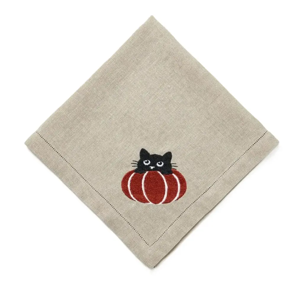 Flax Peek-a-Boo Cat Embroidered Napkin