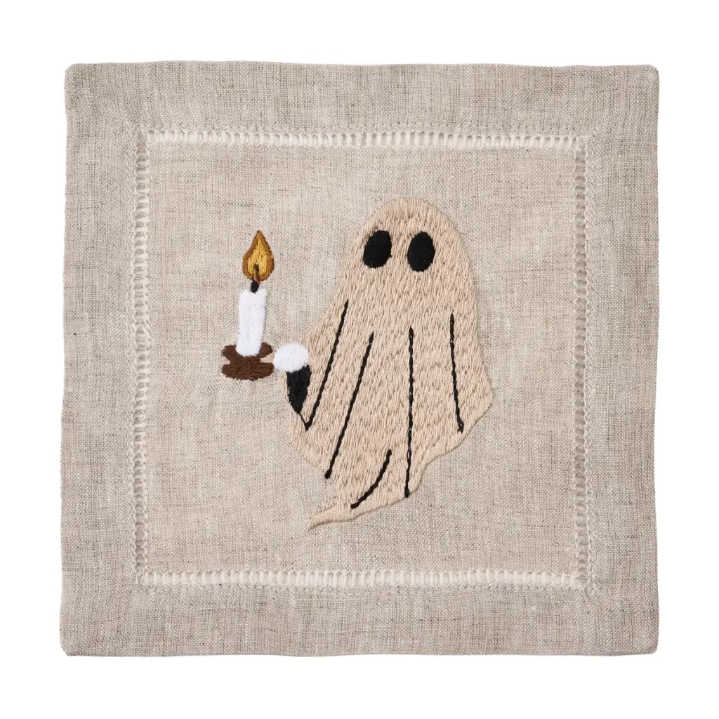 Flax Ghost Vignette Embroidered Cocktail Napkin (Set of 4)