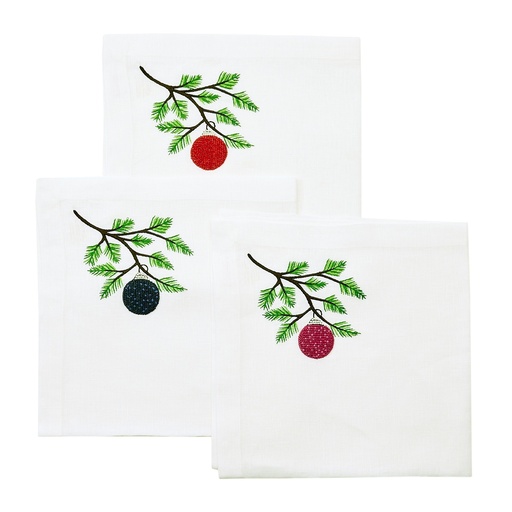White Holiday Ornament Embroidered Napkin