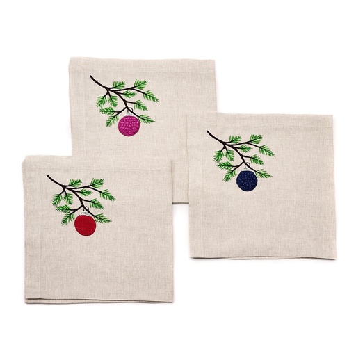 Flax Holiday Ornament Embroidered Napkin