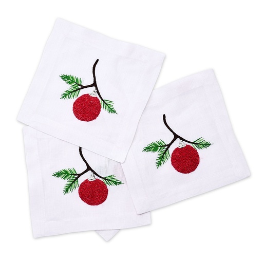 White Holiday Ornament Embroidered Cocktail Napkin (Set of 4)