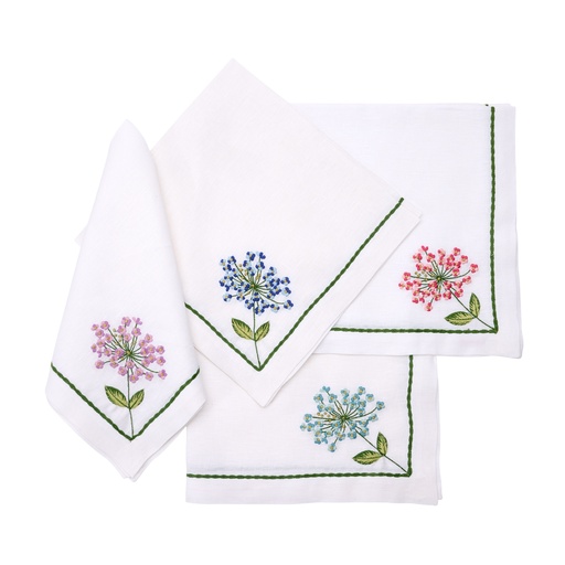 22" White Allium Burst Embroidered Napkin