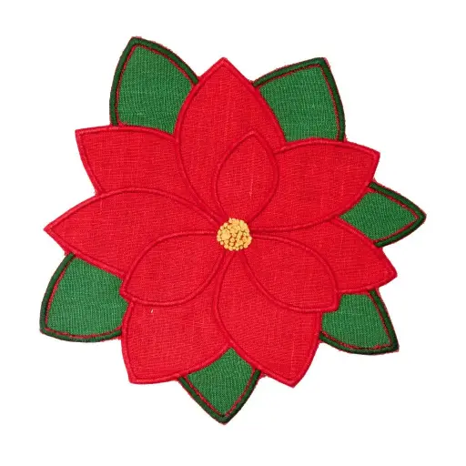 [59-9006] Vintage Poinsettia Linen Coaster (Set of 4)