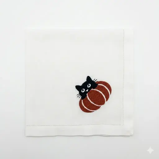 [13-6122W] White Peek-a-Boo Cat Embroidered Napkin