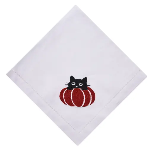 [13-6122W] White Peek-a-Boo Cat Embroidered Napkin