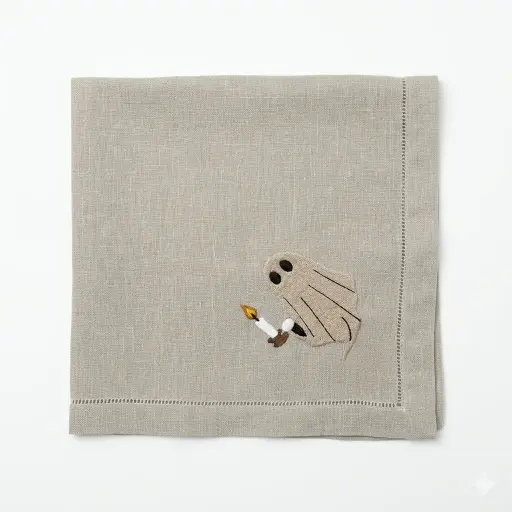 [13-6222F] Flax Ghost Vignette Embroidered Napkin