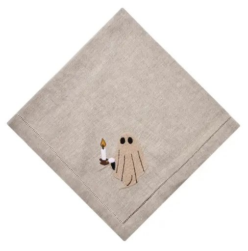[13-6222F] Flax Ghost Vignette Embroidered Napkin
