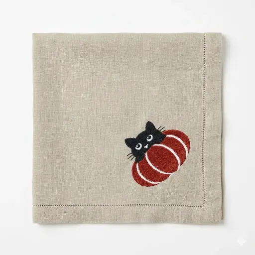 [13-6122F] Flax Peek-a-Boo Cat Embroidered Napkin
