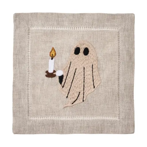 [13-3204F] Flax Ghost Vignette Embroidered Cocktail Napkin (Set of 4)