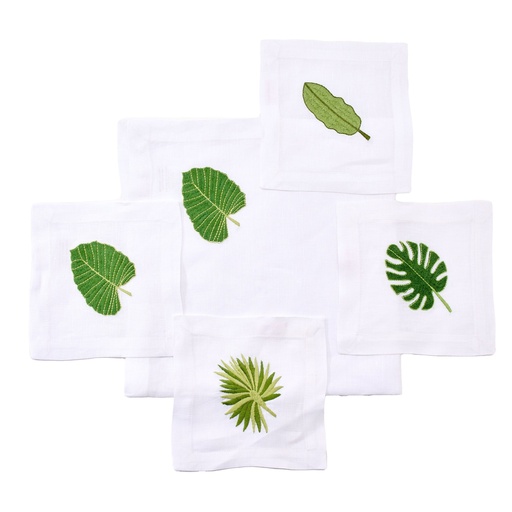 [59-4404W] White Palm Leaves Embroidered Cocktail Napkin (Set of 4)