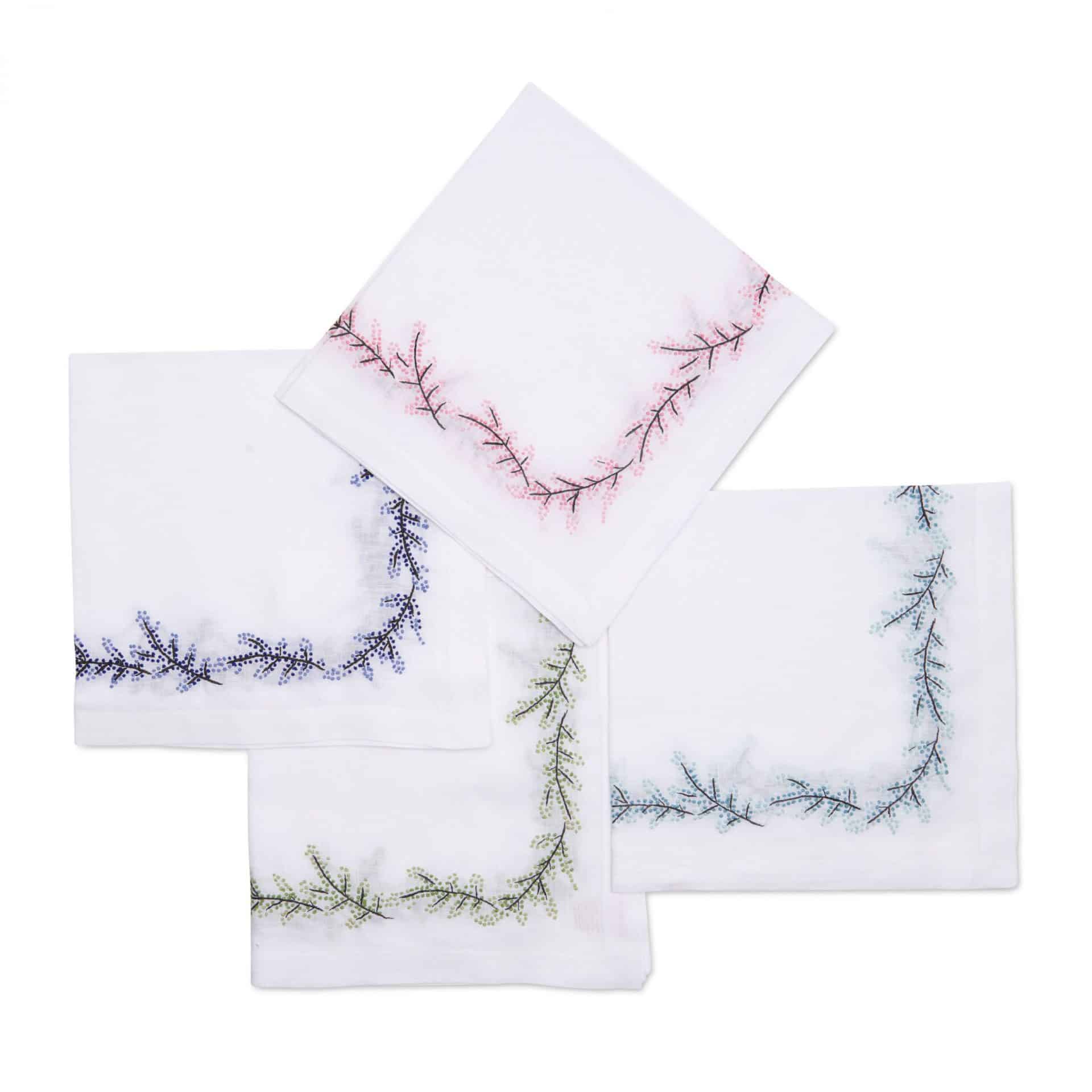 Linen Cocktail Napkin with Floral Embroidery